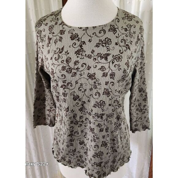 croft & barrow Tops - Croft & Barrow dressy Gray-Green top with brown floral pattern 3/4 sleeves Sz M